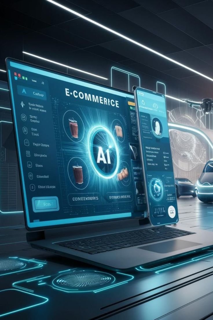 Futuristic workspace with a laptop and holographic display showing an AI-powered e-commerce dashboard, surrounded by neon blue lights and digital graphics