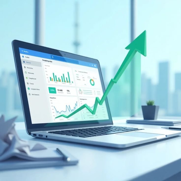 Laptop displaying e-commerce analytics dashboard with charts and graphs, showing a rising green arrow symbolizing increased sales and business growth — representing the best e-commerce sales booster strategies.