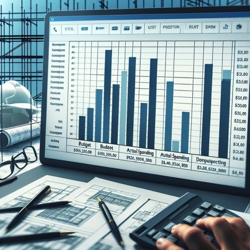 Person analyzing a financial chart on a computer screen showing budget versus actual spending, surrounded by architectural blueprints, calculator, and pen, representing project cost management and budgeting efficiency